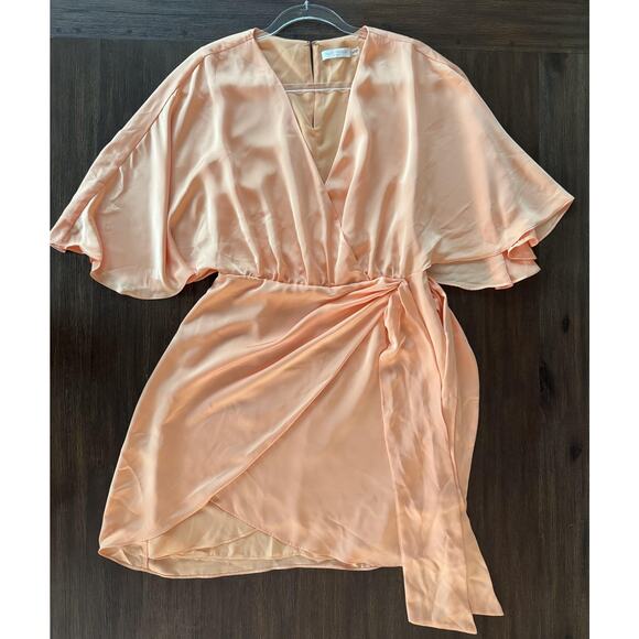 Ramy Brook Dresses & Skirts - Ramy Brook Peach Satin Dress Womens 8 Wrap Mini Flutter Sleeve Bow Party M